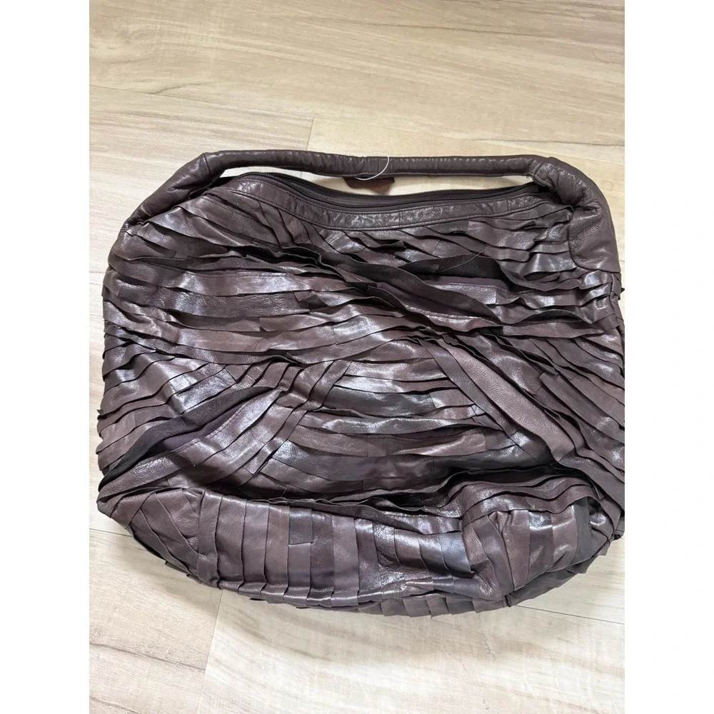 PELLETTERIA VENETA Brown Pleated Zip Hobo Shoulder Bag Genuine Leather
